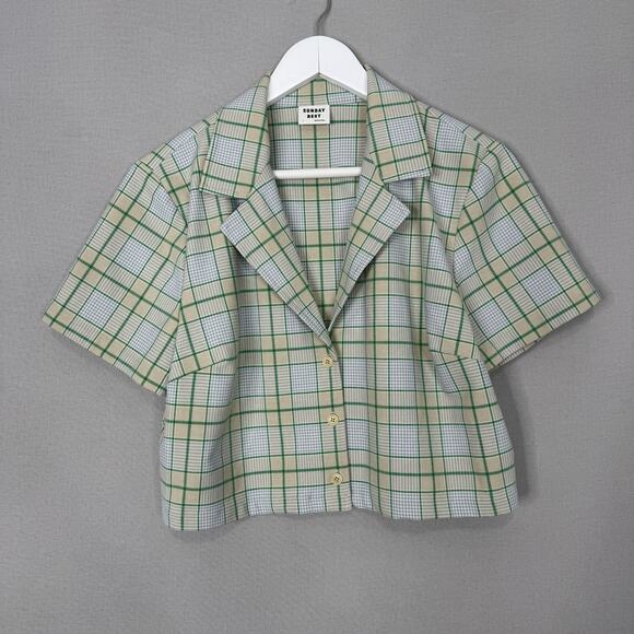 Sunday Best Aritzia Tuesday Boxy Shirt Womens Large Green Plaid Cropped Academia - Picture 1 of 10